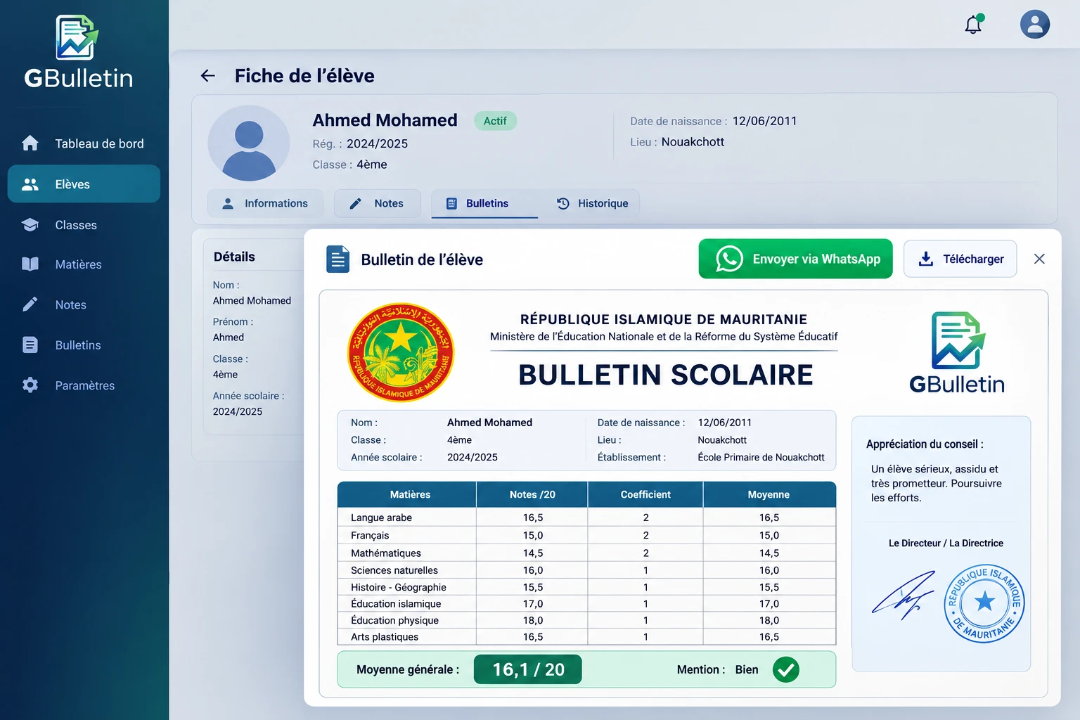 Fiche d'un élève dans GBulletin avec son bulletin scolaire